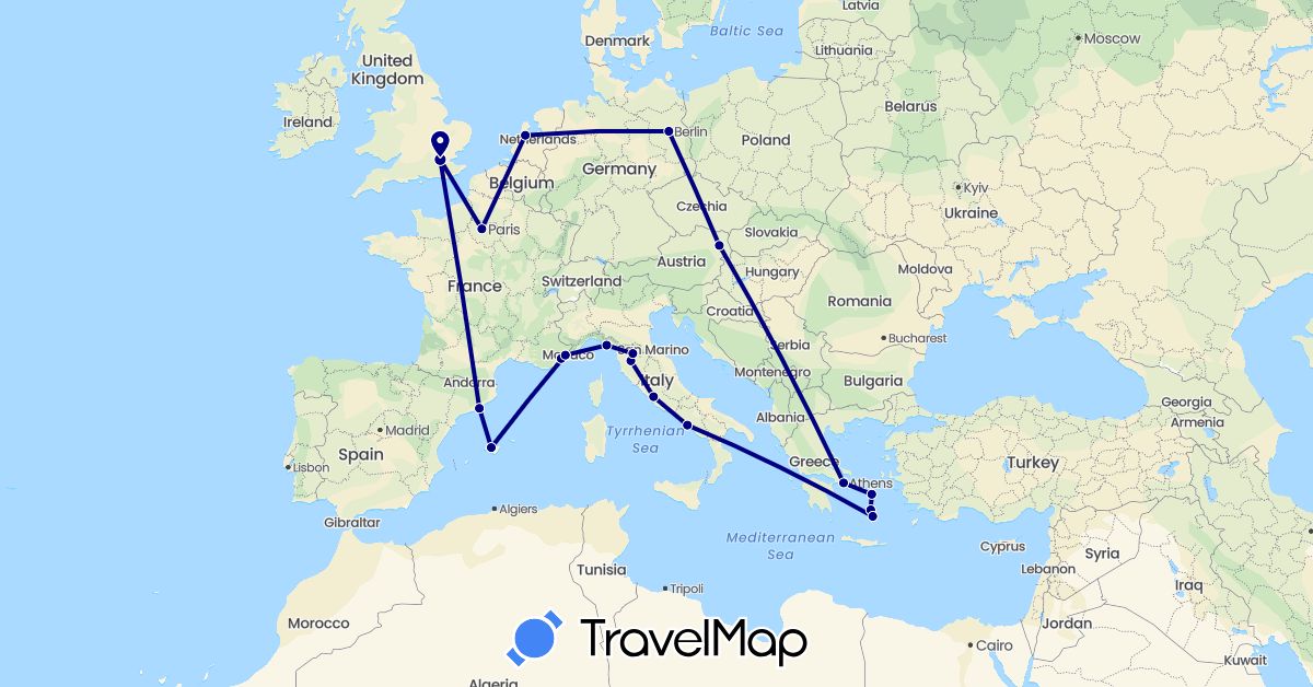 TravelMap itinerary: driving in Austria, Germany, Spain, France, United Kingdom, Greece, Italy, Netherlands (Europe)